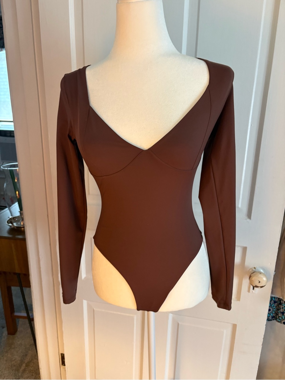 Long Sleeve V-Neck Women's Bodysuit - Brown